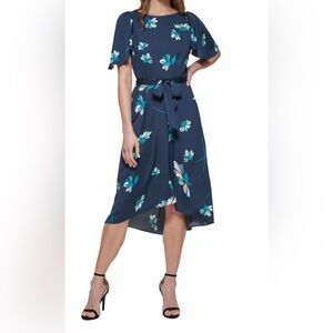 DKNY Women’s Navy Floral Print Flutter Sleeve High-Low Dress